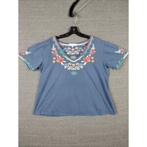 All About Her Womens Shirt XL Blue Floral Embroiderd Top Boho‎ Cottage Casual